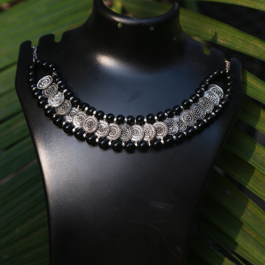 Silver Coins Choker with Black Beads