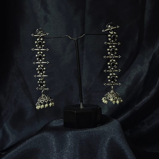 Long Black Floral Pearl Jhumki Earrings
